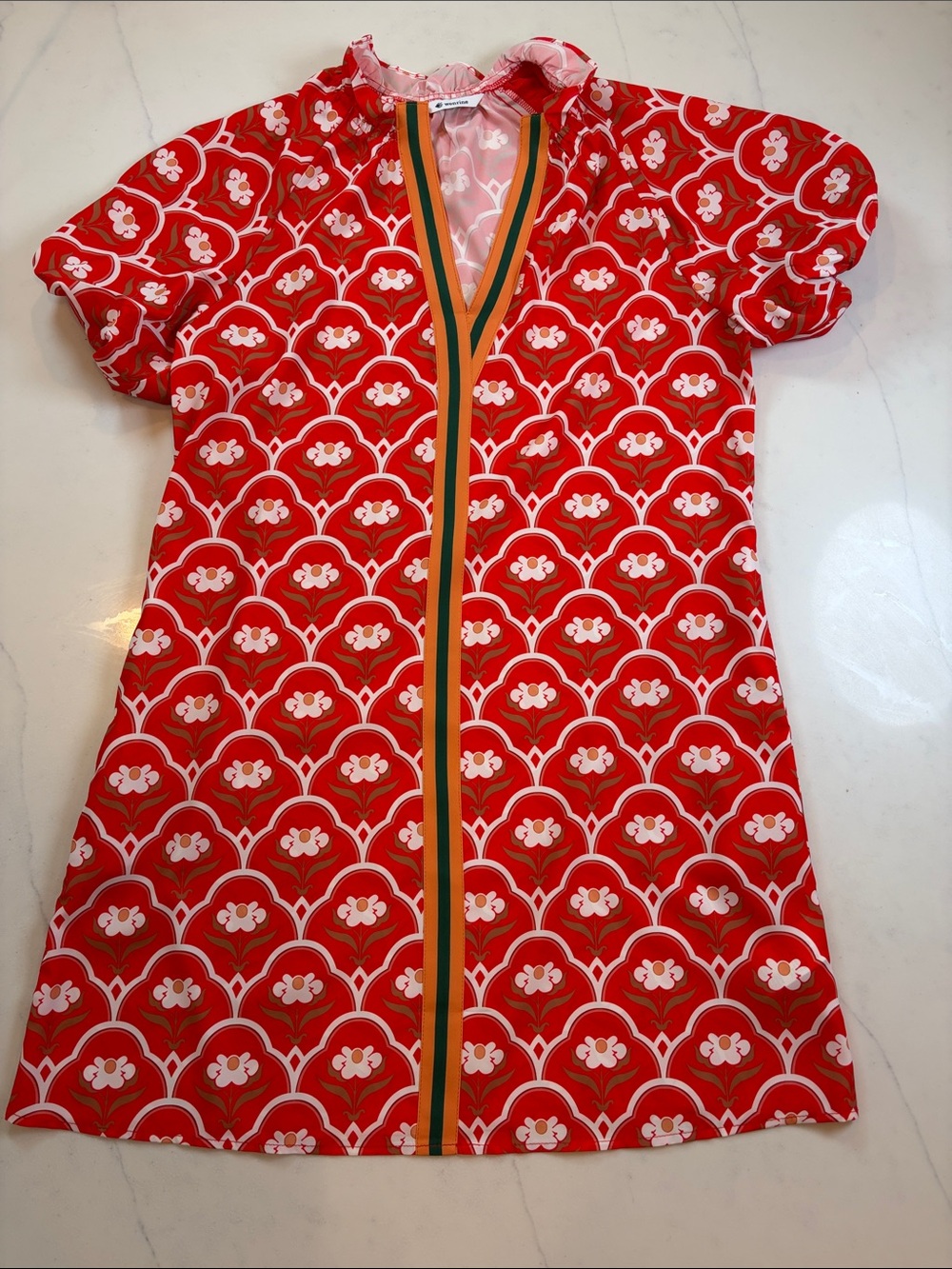 Women’s Red Floral Dress with Stripe Trim